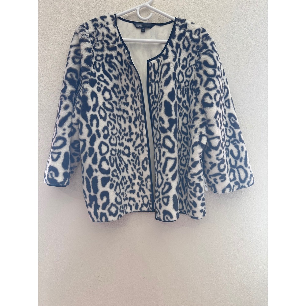 LuLaRoe Elegant Stella Faux Fur Jacket 3XL Leopard Print White Black Open Front